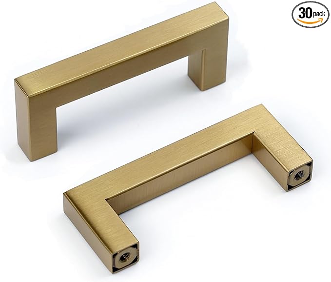 30 Pack Champagne Cabinet Pulls 3 Inch Drawer Handles Champagne Gold Cupboard Handles Square Cabinet Door Handles Modern Stainless Steel Kitchen Hardware for Cabinets