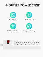 PLUGTUL 2 Pack Surge Protector (980 Joules), Flat Plug Power Strip, 4FT Extension Cord with Multiple Outlets, 6 Outlets, ETL Listed, 14 Gauge, Wall Mountable for Home Office Garage, White