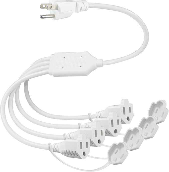 KUNCAN 4-Outlet Power Splitter Cord - 3 Prong 1 to 4 Way Male to Female Multi Plug Adapter, 1.5FT 16AWG 13A Y Style Extension Cord with Outlet Cover for Computer, LED Stage Light (White 1-Pack)