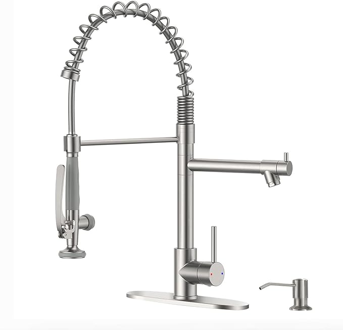 Fapully Commercial Pull Down Kitchen Sink Faucet with Sprayer Brushed Nickel Single Handle Faucets for Kitchen Sink, Kitchen Faucet with Soap Dispenser and Deck Plack for 4 Hole
