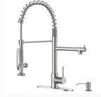 Fapully Commercial Pull Down Kitchen Sink Faucet with Sprayer Brushed Nickel Single Handle Faucets for Kitchen Sink, Kitchen Faucet with Soap Dispenser and Deck Plack for 4 Hole