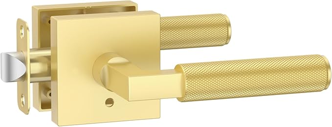 Amerdeco 1 Pack Privacy Door Handles,Brushed Gold Door Handles Interior,Knurled Gold Door Lever, Heavy Duty Bedroom and Bathroom with Lock,Reversible Keyless for Right & Left Side AM0021