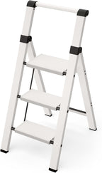 Taranta 3 Step Ladder, Lightweight Aluminum Step Stool with Convenient Handgrip, Folding Ladder with Anti-Slip Pedals, 330lbs Capacity Stepladder for Home, Office, Kitchen - White