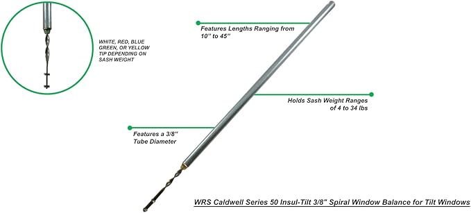 WRS Caldwell Series 50 Spiral Balance for Tilt Windows-3/8", 34" Length, White Tip(7-22 lbs)-Durable Laser Welded Aluminum Tube for Smooth Window Operation in Residential & Commercial Tilt Windows