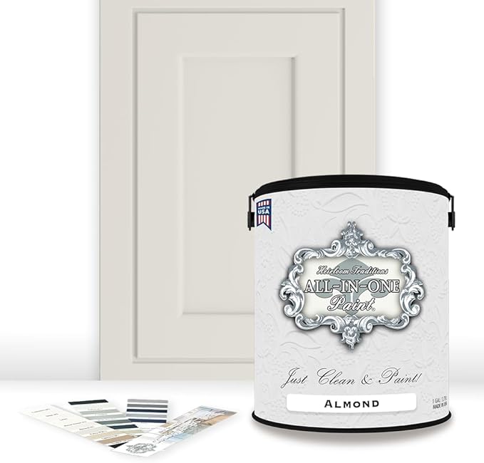 ALL-IN-ONE Paint, Durable cabinet and furniture paint. Built in primer and top coat, no sanding needed. Includes our 30 featured color card - Almond (off white with tan undertone), Gallon