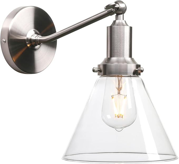 PERMO Industrial Vintage Slope Pole Wall Mount Single Sconce with Funnel Flared Clear Glass Shade Wall Sconce Light Lamp Fixture (Brushed)