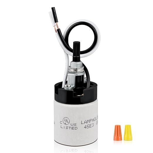 UL Listed Porcelain E26 Lamp Socket with 6'' Wire Lead, High Temp Resistant, Rotary Knob ON/Off Switch with 2 Wire Connectors Nuts for DIY Table Lamp,Pendant Light Replacement (1)