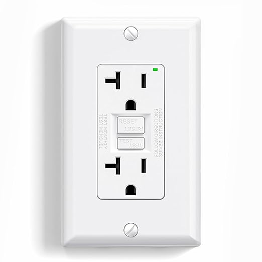 ELEGRP GFCI Outlet 20 Amp, Self-Test GFI Electrical Outlet with Narrow Design, GFCI Receptacle with LED Indicator, UL Listed, White, Wall Plate Included, 1 Pack