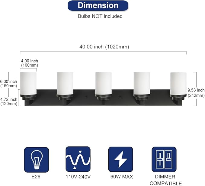 TODOLUZ 5 Light Bathroom Vanity Light Fixtures, 31-Inch Wall Sconce Lighting Over Mirror with Opal White Glass Shade, Modern Wall Mount Lamp for Kitchen