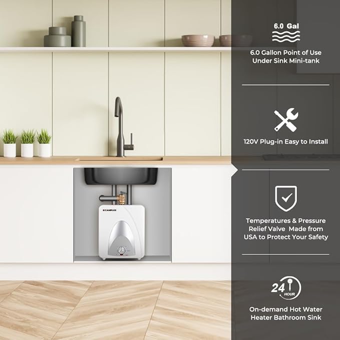 CAMPLUX Electric Hot Water Heater 6 Gallons, 120-Volt Corded 1440W Point of Use Mini-Tank Electric Water Heater, Wall or Floor Mounted, UL Listed ME60