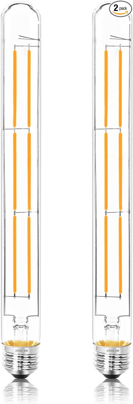 11.8IN 1000LM 2700K Soft White Light Bulbs E26 Base, T10 T9 Edison Bulbs Dimmable 8W, AC 120V 100 Watt Equal Filament Bulb, Vintage Clear Glass Long Tubular LED Bulb, UL Listed - 2Pack