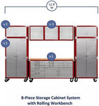 Heavy Duty 8-Piece Steel Garage Cabinet Storage Set with Rolling Workbench, 12 Feet Wide (Red)
