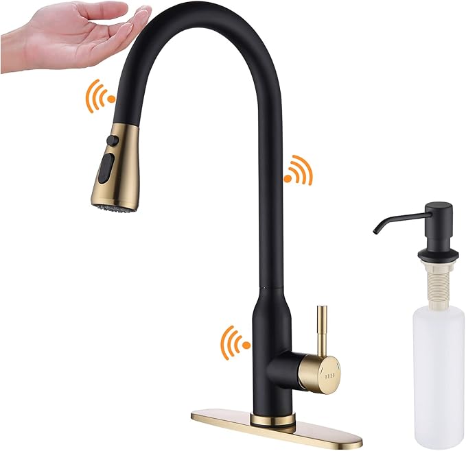 Touch Kitchen Faucet,KEER Smart Kitchen Sink Faucet with Pull Down Sprayer, Touch on Activated Kitchen Bar Sink Faucet Brushed Nickel, Stainless Steel (Matte Black Gold)