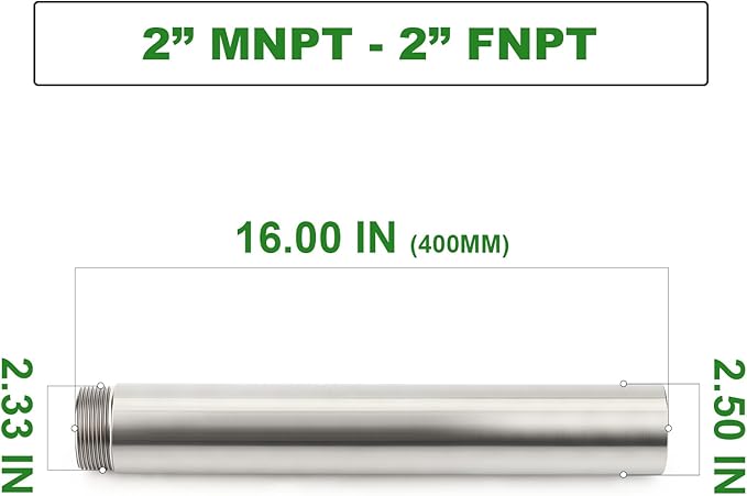 TAISHER 1PCS Stainless Steel Pipe Fittings, 2" NPT Male x 2" NPT Female Threaded, 16" Length Nipple Cast Pipe