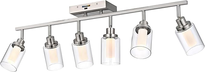 6-Light 5CCT LED Track Light Ceiling for Kitchen, Adjustable Directional Spotlight in Brushed Nickel Bathroom Lighting Fixture with Clear Glass & Frosted Colunm