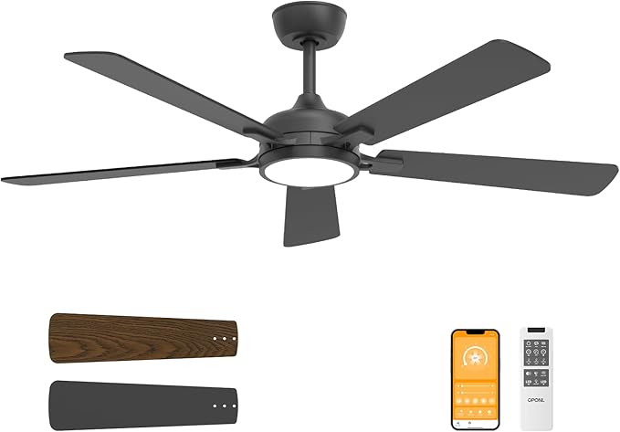 52 Inch Black Ceiling Fan with Light with Remote Control, Large Air Volume, modern ceiling fan with light for Bedroom Kitchen Dining room Patio- Donwrod Mount