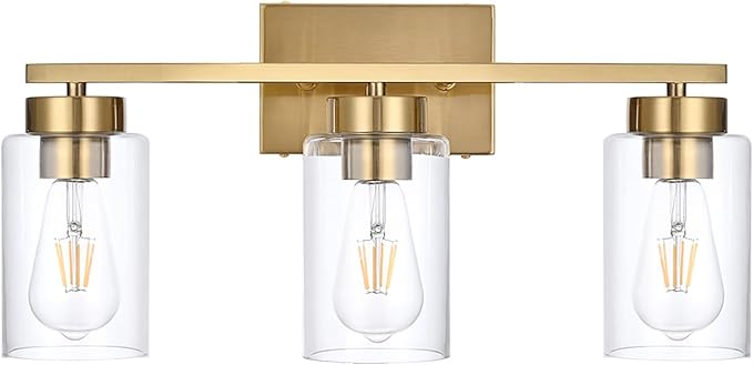 3-Light Bathroom Vanity Light, Modern Brushed Gold Wall Lights with Clear Glass Shades, Bathroom Wall Sconce Lamp for Mirror Living Room Bedroom Hallway