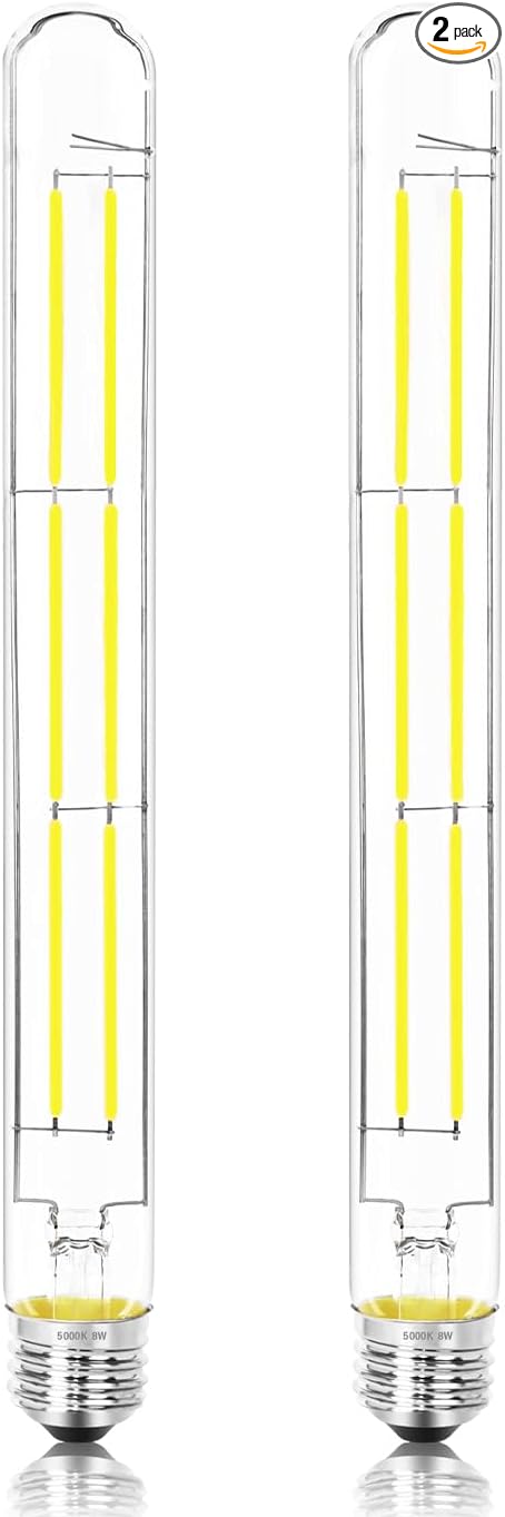 11.8IN 1000LM 5000K Daylight White Light Bulbs E26 Base, T10 T9 Edison Bulbs Dimmable 8W, AC 120V 100 Watt Equal Filament Bulb, Vintage Clear Glass Long Tubular LED Bulb, UL Listed - 2Pack