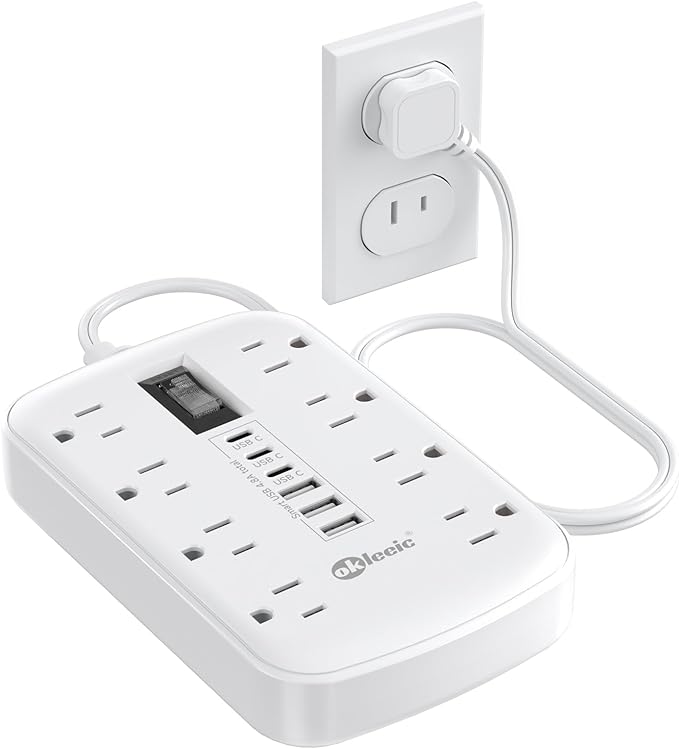 Short Extension Cord 3ft - 2 Prong Power Strip Surge Protector with 8 Outlets 6 USB Ports(3 USB C)4.8A/24W Charging Station, 3 prong to 2 prong adapter Wall Mount for Travel Dorm Room Essentials White