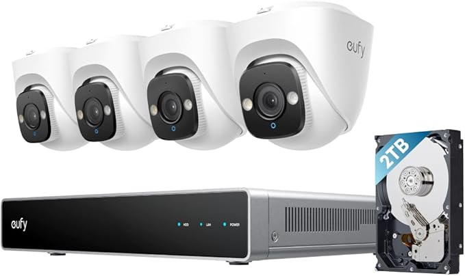 eufy PoE NVR Security System E41,24/7 Recording,Up to 16CH, 2TB HDD, 4 4K Turret Cams, Wired Outdoor Cam, 4K UHD, 122° FOV, Color Night Vision, AI Detection, Red and Blue Strobe