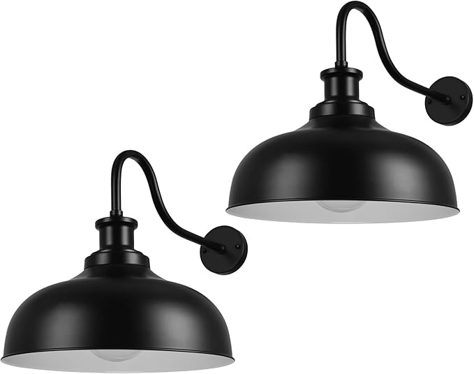 Outdoor Gooseneck Barn Light,16 Inch Dome Wall Sconce Farmhouse Exterior Mount Light Vintage Lighting Fixture Industrial Lantern, Entryway, Garage, 2 Pack, Black+White, (RZ007L-2 BK+WH)