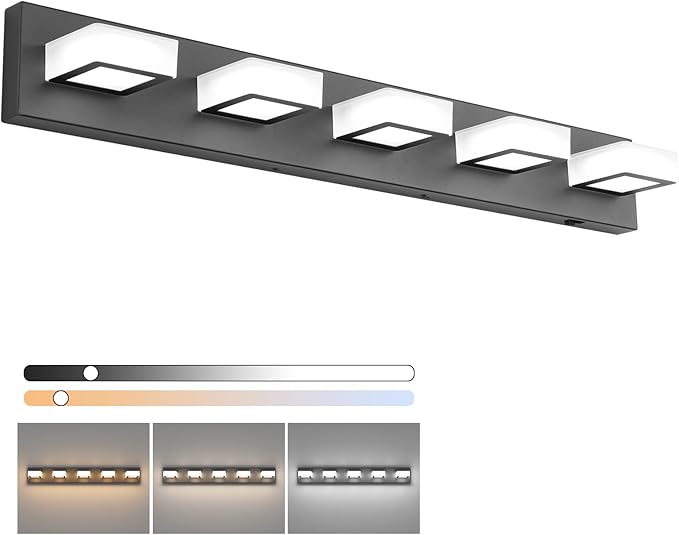 Ralbay 5 Color Temperature 5 Lights Black Vanity Lights 34inch Dimmable Acrylic Modern LED Black Bathroom Vanity Lighting Fixtures