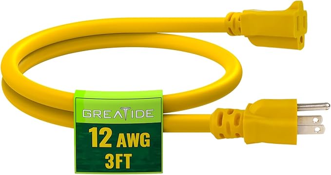 3 Ft Indoor Extension Cord - 12/3 SJTW Heavy Duty Yellow Extension Cable with 3 Prong Grounded Plug - Power Cord for Lawn, Garden, Appliances