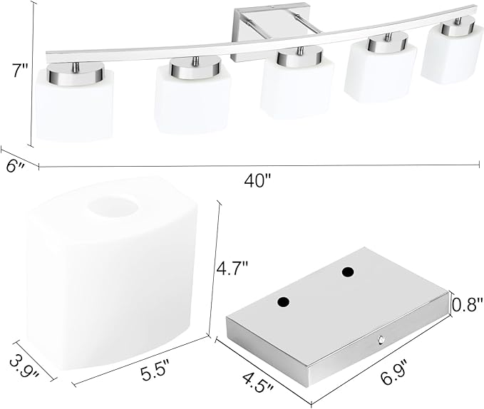5-Light Modern Chrome Vanity Light Fixture with White Glass Shade for Bathroom Over Mirror, 40 Inches