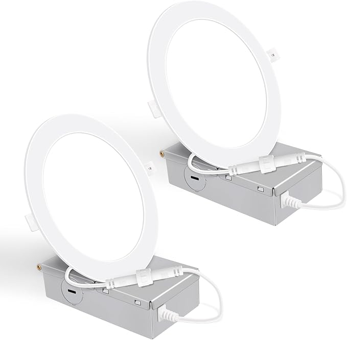 2 Pack 6 Inch Ultra-Thin LED Recessed Ceiling Light with Junction Box, 5000K Daylight, 12W 110W Eqv, Dimmable Canless LED Recessed Light, 1050LM High Brightness Wafer Downlight- ETL&FCC Certified