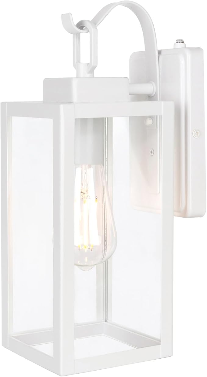 LIT-PaTH Dusk to Dawn Outdoor Wall Lantern, Wall Sconce as Porch Lighting Fixture, E26 Medium Base Max 60W, Anti-Rust Metal with Glass Shade, White, 1-Pack