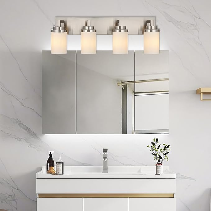 TODOLUZ Bathroom Vanity Light Fixture Over Mirror with Brushed Nickel, Modern 4-Lights Wall Sconces Lighting for Bedroom Living Room Opal White Glass Shades