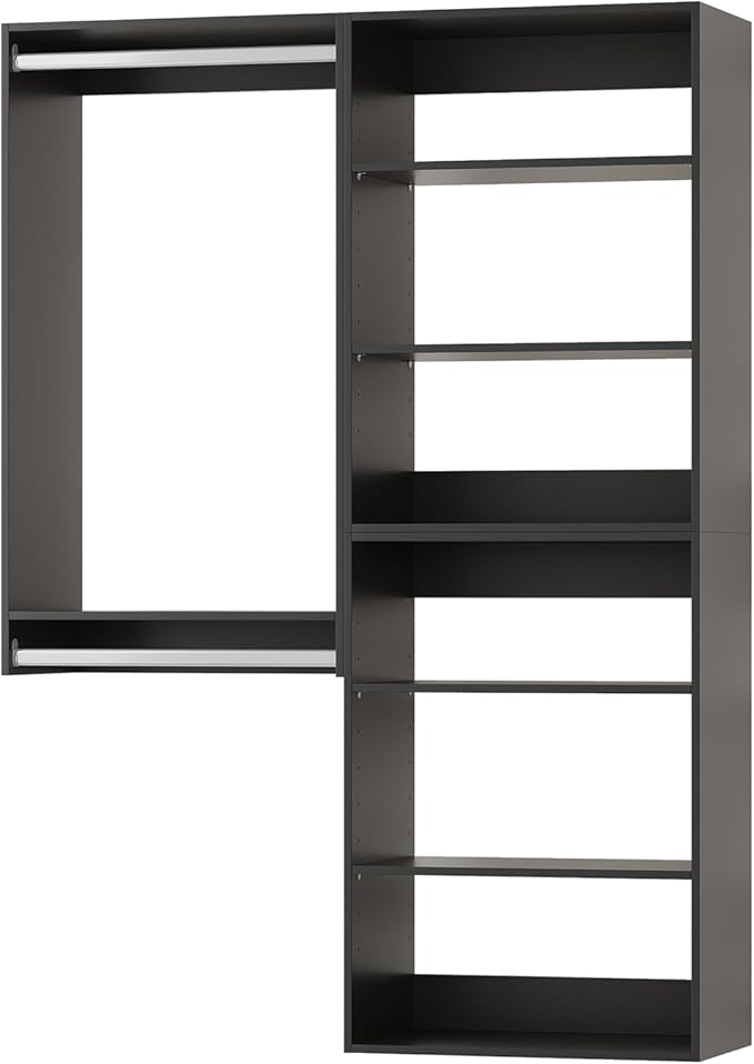 Modular Closet System, 52" Wide Organizer With Towers and Hanging, Wood Tower Storage for Walk In Closets, Wall Mounted Wardrobe Kit, Bedroom, Black