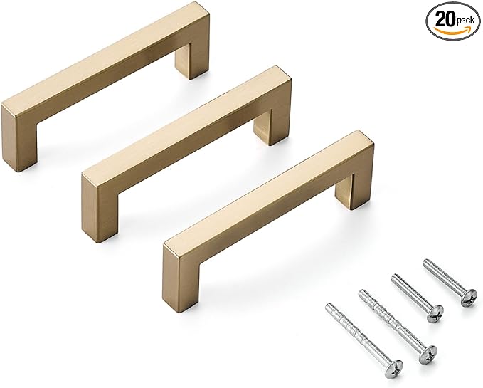 20 Pack Champagne Gold Cabinet Pulls 3 3/4 Inch(96mm) Hole Centers Square Champagne Bronze Dresser Pulls Bar Drawer Handles Stainless Steel Kitchen Cabinet Hardware Cupboard Handles