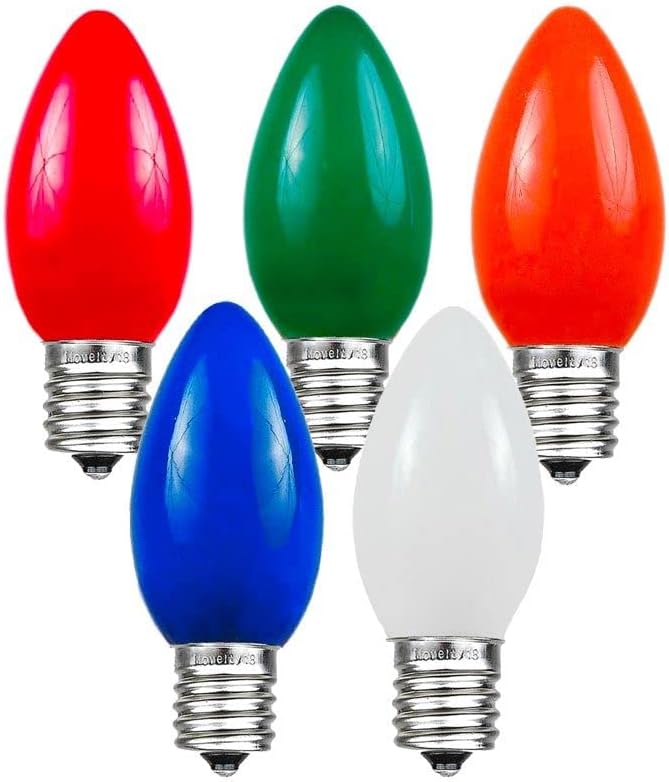 Novelty Lights 500 Case C7 Outdoor Ceramic Christmas Replacement Bulbs, Multi, C7/E12 Candelabra Base, 5 Watt