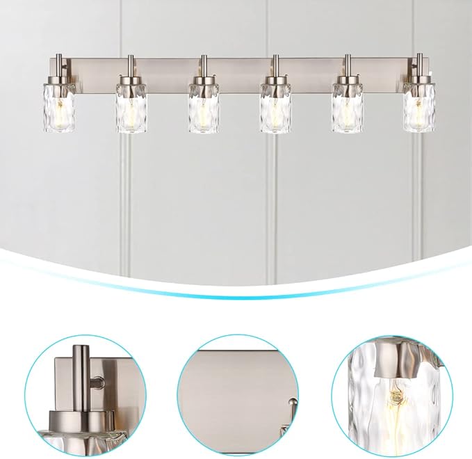 BONLICHT Mid-Century Bathroom Vanity Wall Light with Clear Water Glass, Farmhouse 6 Light Bath Lighting Over Mirror Modern Brushed Nickel Sconce Wall Lamp for Dining Room Dressing Table Vanity Table
