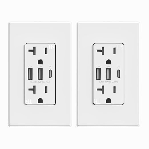 ELEGRP USB Outlets Receptacles, 3-Port Wall Outlet, 30W 6.0A Electrical Outlet, 15 Amp Tamper-Resistant Outlet with Type C Ports, UL Listed, Wall Plate Included, 2 Pack, Matte White