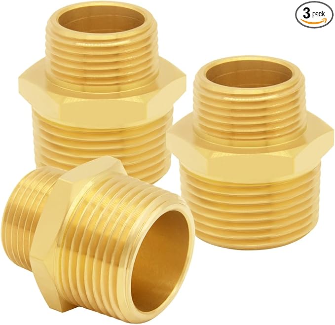 3PCS Brass Reducer Adapter, 1/2" NPT Male to 3/4" NPT Male Thread, Hex Reducing Pipe Fitting Coupler Nipple Connector for Water/Oil/Gas
