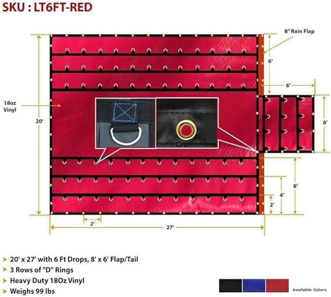 Mytee Products 2 Pack 20' x 27' Flatbed Truck 18 Oz Lumber Tarp with 6 FT Drop - Red Heavy Duty Vinyl Waterproof Tarp for Trailers to Protect Cargo from Wind, Rain, Snow and Sun