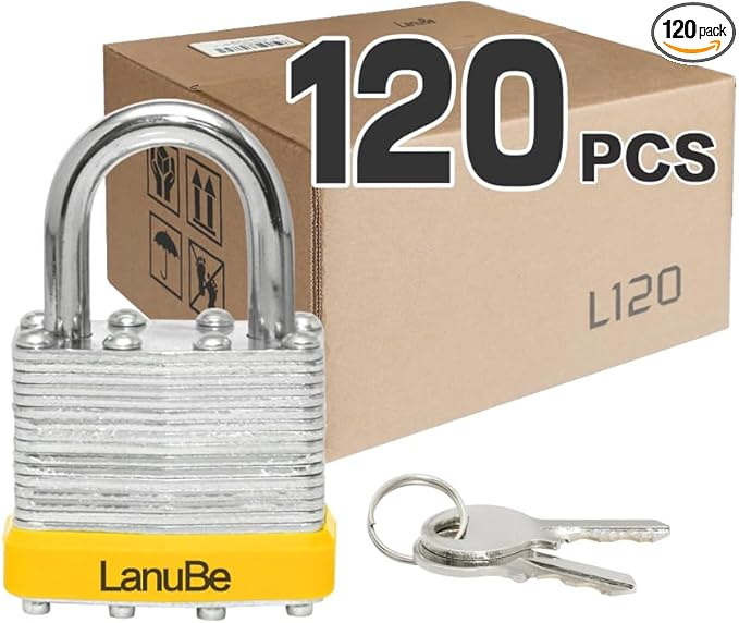 LanuBe Lock Laminated keyed Padlock (1-9/16", 40mm), keyed Alike Locks, Normal Shackle,Marked Yellow Plastic Hoop, Pack of 120