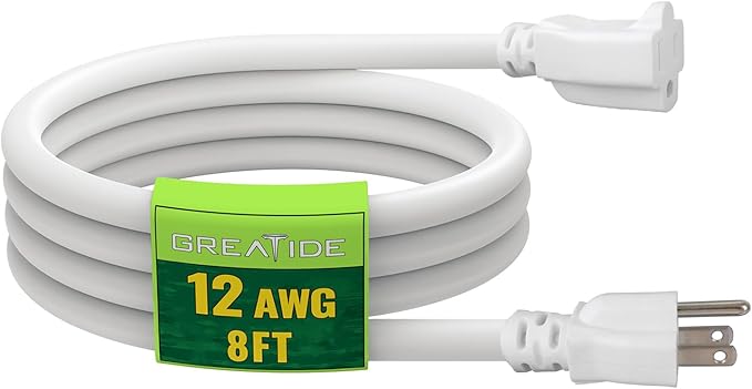 8 Ft Outdoor Extension Cord - 12/3 SJTW Heavy Duty White Extension Cable with 3 Prong Grounded Plug - Power Cord for Lawn, Garden, Appliances