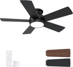 42 Inch Black Ceiling Fans with Lights and Remote, LED Low Profile Flush Mount Ceiling Fan for Bedroom, Living Room, Patio, Quiet DC Motor, 5 Blades
