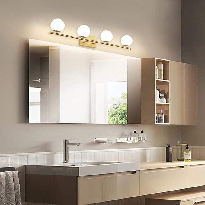 New Bathroom Vanity Light Fixtures Brushed Brass Milk White Globe Glass Shade 4 Lights Modern Wall Bar Sconce Over Mirror