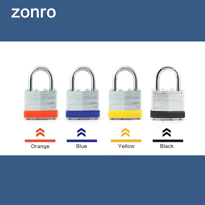 ZonRo Locks Laminated Steel Keyed Padlocks,Keyed Alike Locks, 1-9/16 inch Wide,Normal Shackle Padlocks, Pack of 12，Blue Hoop, for Hasp Latch, Sheds, Fences, Storage Locker, School, Gym…