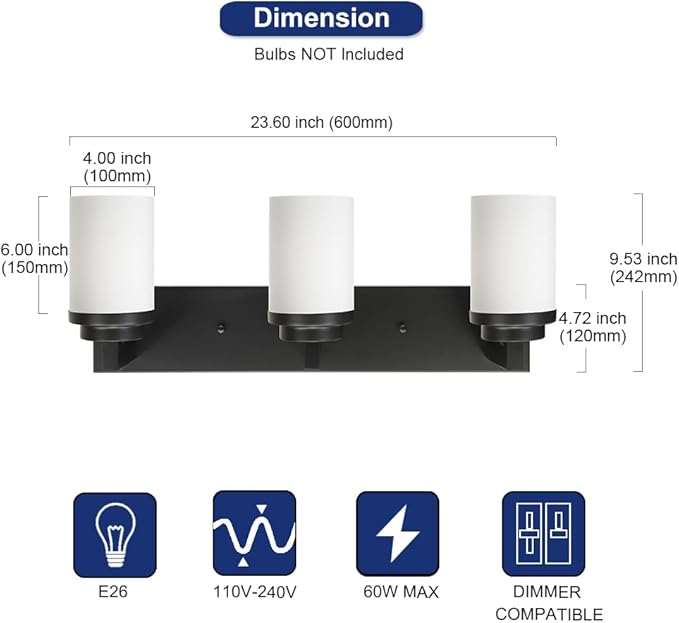 TODOLUZ Wall Sconce Lighting Over Mirror, 3-Lights Matte Black Bathroom Vanity Light Fixtures with Opal White Glass, Wall Mount Bath Light for Dressing Table Hallway Bedroom