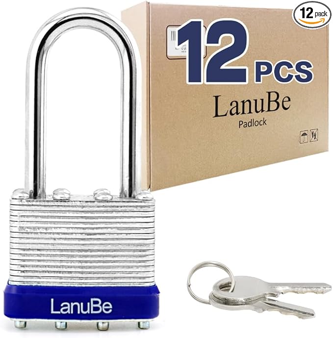 LanuBe Lock Laminated Steel Keyed Padlock,Keyed Alike Locks, Long Shackle Padlock,Pack of 12