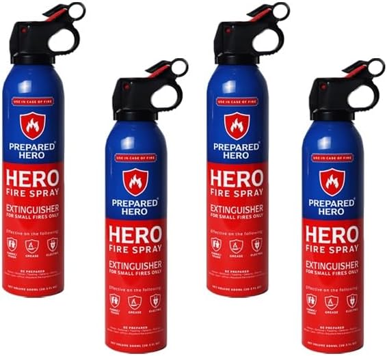 Prepared Hero Fire Spray - Mini Fire Extinguishers for House, Car, Garage - Kitchen Small Fire Extinguisher for Home, 100% Organic - Compact, Portable & Easy to Use, Non-Toxic - 4 Pack