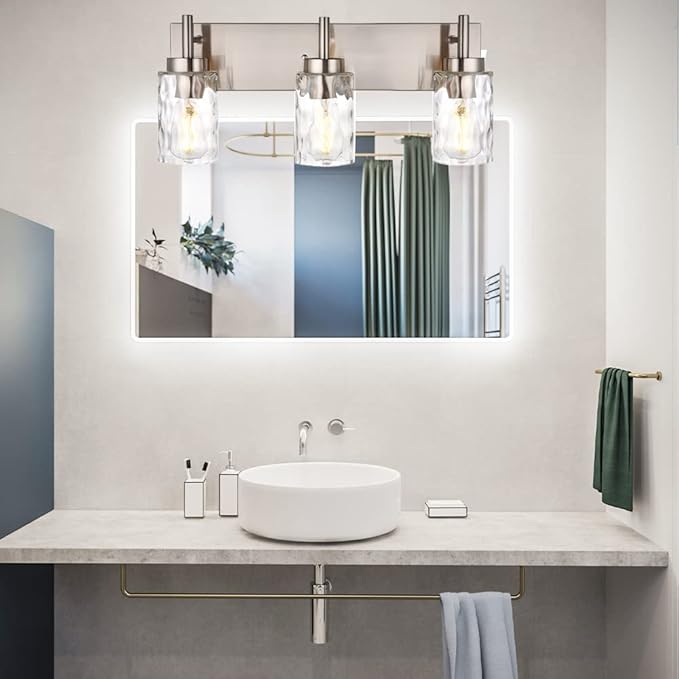 BONLICHT Brushed Nickel Vanity Light Modern 3 Light Bathroom Lighting Fixture Over Mirror with Clear Hammered Glass Shade, Industrial Indoor Farmhouse Wall Mounted Lamp for Powder Room Kitchen Hallway