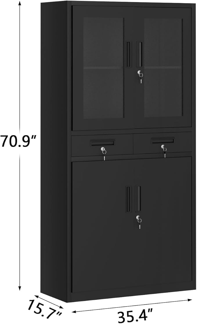 GarveeHome 72" Metal Storage Cabinet with Drawers Locking Doors & 2 Drawers,Heavy Duty Rolling Garage Organizer with 3 Adjustable Shelves