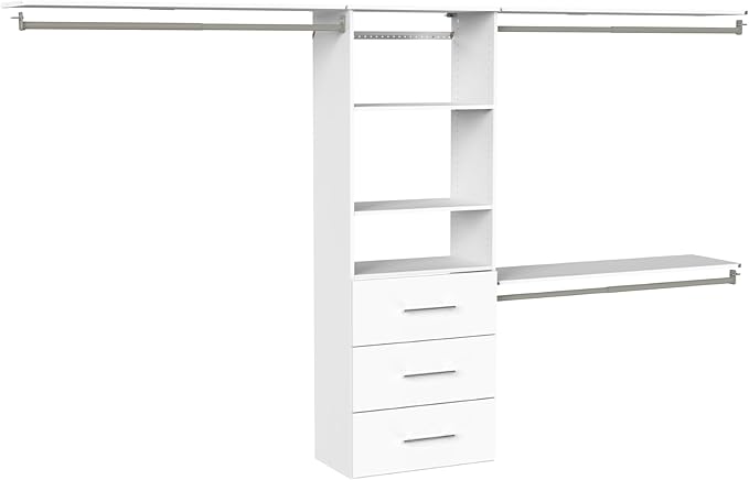 ClosetMaid SuiteSymphony Modern Hanging Closet Kit Includes (1) Tower, (3) Closet Rods, (4) Shelves, (3) Top Shelves w/Brackets, and (3) Drawer, White