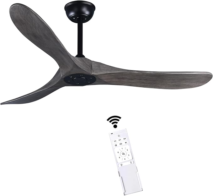 52" 3 Blade Ceiling Fan Without Light, Farmhouse Rustic Wooden Flush Mount Ceiling Fan no Light with Remote for Indoor/Outdoor - High End Silent Operation, Grey & Black, 52 Inch